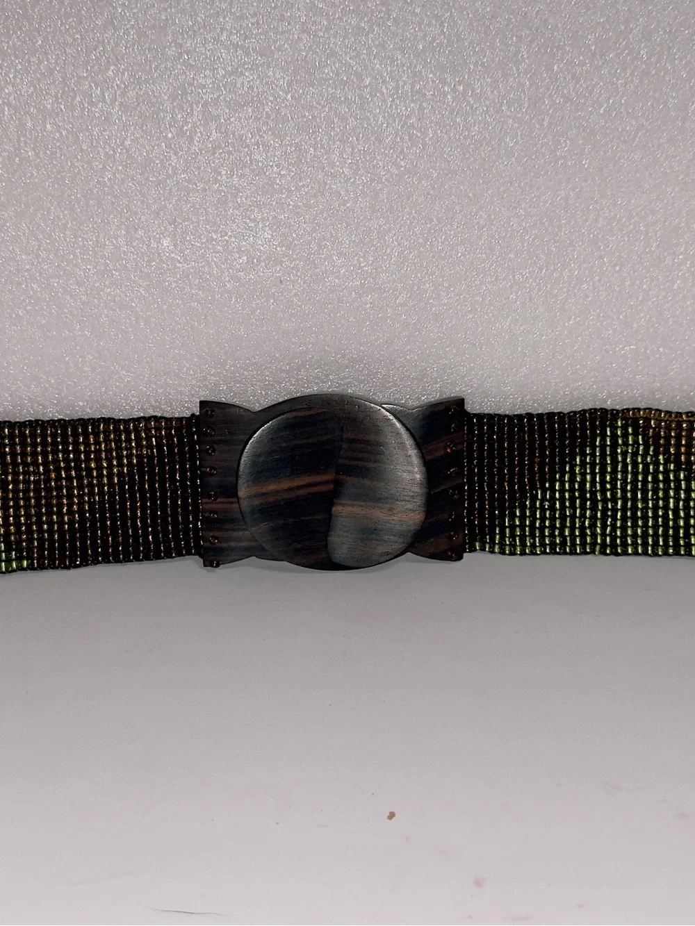 Beaded Multicolor Wide  Belt - Green, Brown, Gold Tones wood buckle